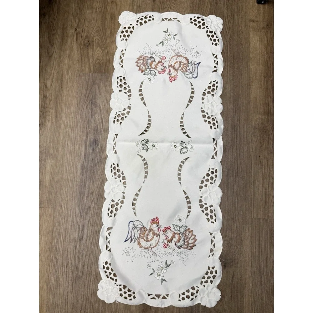 Chicken Cross Stitch Linen Hand Embroidered White Dresser Table Runner 33